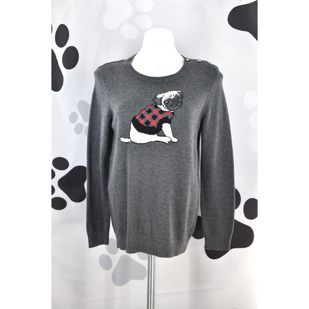 Charter Club Pug Print Long Sleeve Three Button Shoulder Sweater Gray Medium